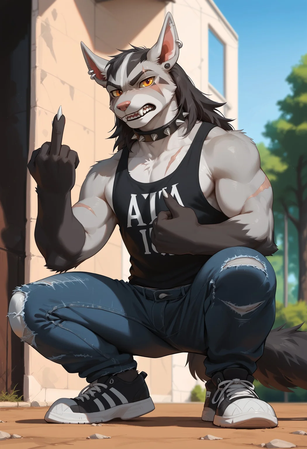 score_9, score_8_up, score_7_up, score_6_up, source_anime, outdoors,
BREAK
1boy, solo, mightyena, anthro, furry, gray fur, gray skin, muscular, scoff, annoyed, looking at viewer, black spiked collar, ear piercings, tank top, (scars), black ripped jeans, sneakers, clawed, middle finger, teeth, fangs, squatting, close-up, from below, blurry,, <lora:743ab114-2dc7-4a68-a995-0d3c9dc174a0:2.0>, <lora:4b571537-d57c-4d84-9d24-d39fcf54c682:0.5>, <lora:0822f1bc-be9c-42f2-a563-5e7c17e10639:0.6>, <lora:79243c09-bbaf-4263-ad11-60d5670002f9:1.0>