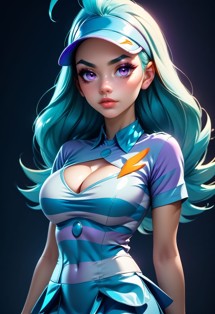 score_9, score_8_up, score_7_up, score_6_up, score_5_up, score_4_up score_9,score_8_up, digital art, upper body shot, realistic 3D illustration, 
(big breasts, cleavage,),
BREAK,
zzKahili, 1girl, solo, aqua hair, purple eyes, short sleeves, striped shirt, collared shirt, miniskirt, blue skirt, kneehighs, blue headwear, visor cap,
BREAK,
, soft lighting, contemplative expression, dark background, subtle makeup, high-resolution, detailed texture, emotional depth, dramatic mood, side profile, serene atmosphere, cinematic lighting. perfectly round breasts, big breasts, firm breasts, SkinHairDetail, eye contact