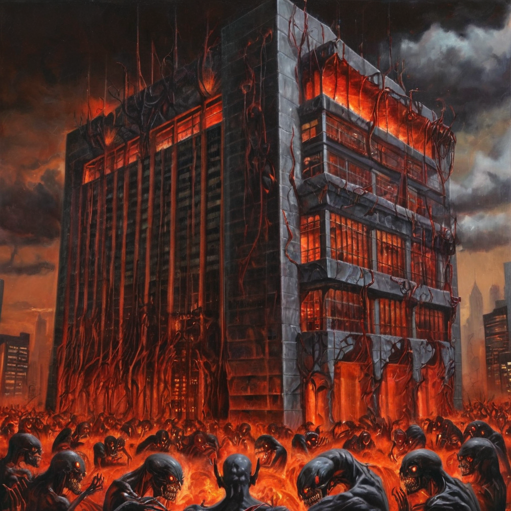 Realistic detailed Painting of demonic corporate building with creepy programmers   
<lora:EdobHell2_XL_v1.0:1>