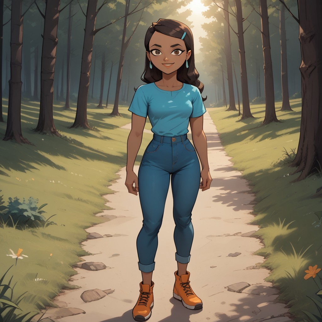 score_9, score_8, BREAK, solo, cyan shirt, 1girl, jeans, dark brown hair, hair buckle, long hair, earrings, dark skin, brown eyes, orange footwear, lips, breasts, total drama, Priya_(Total_Drama), sexy pose, self portrait, smile, outdoors, sunlight, shadows, evening lighting, natural lighting, forest, trees, grass, orange sky, sunset