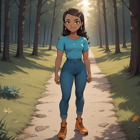 score_9, score_8, BREAK, solo, cyan shirt, 1girl, jeans, dark brown hair, hair buckle, long hair, earrings, dark skin, brown eyes, orange footwear, lips, breasts, total drama, Priya_(Total_Drama), sexy pose, self portrait, smile, outdoors, sunlight, shadows, evening lighting, natural lighting, forest, trees, grass, orange sky, sunset