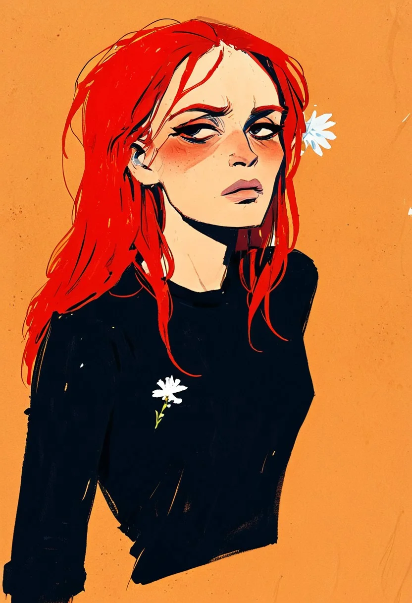 (resplendent highlighting) in the style of casual line and wash sketch, hauntingly beautiful, a drawing of a woman with long loose red hair, very small nose, (detailed anatomy and defined musculature:1.0) prominent cheekbones, looking at viewer, (tired depressed frustrated expression:1.2), focus on the face, strong stance, impressive view, deep salt-desert backdrop (sand, clay and ultraviolet hues:1.0) high-contrast lighting (rough details, white flower-pattern on dark-black sweater, aidmamj6.1, 3xpr3sgg0th1cn30n1nc4s3, ExpresHGothicNeonIncaseUOC, ExpresHGothicNeonIncase