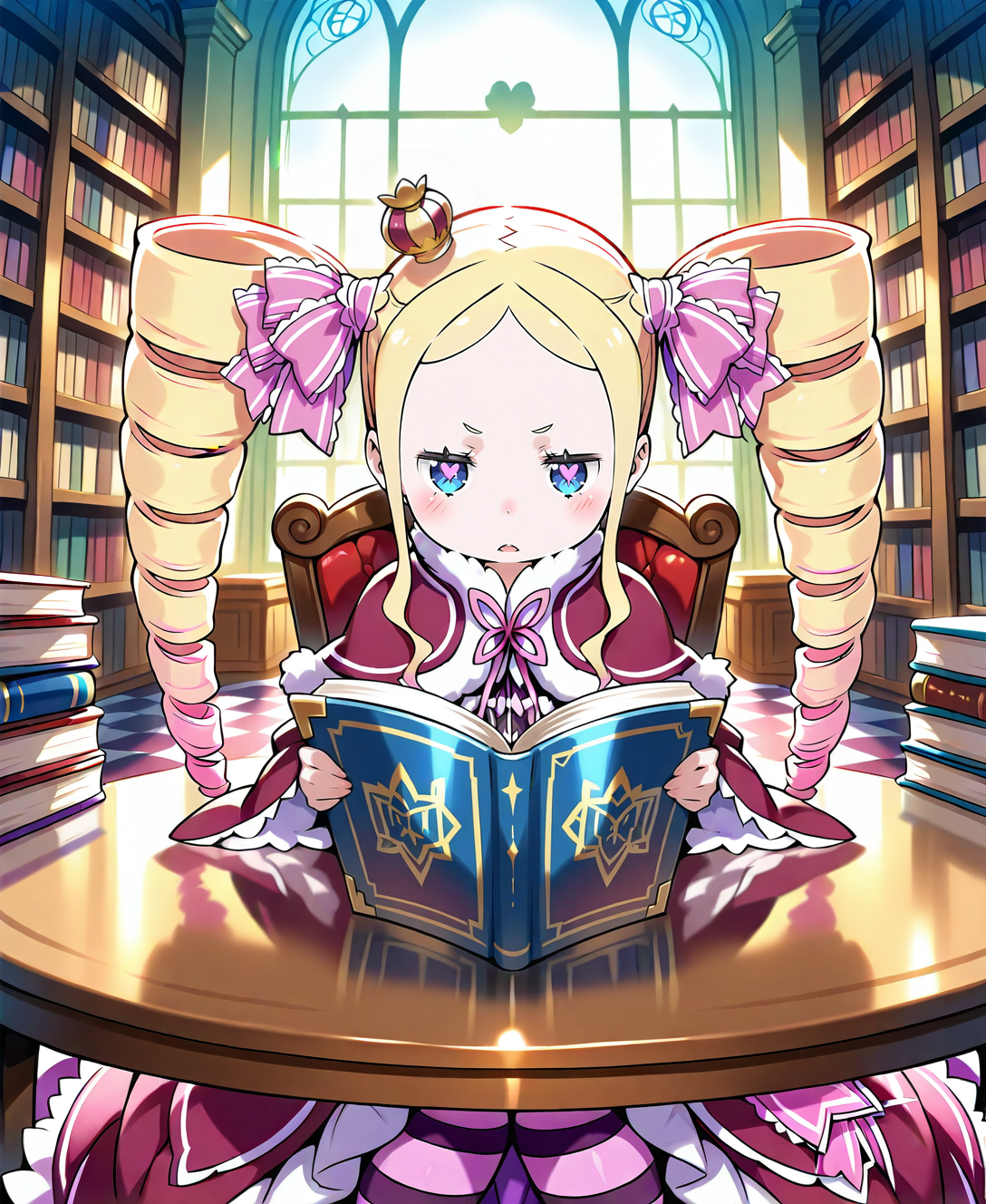 beatrice_re_zero, girl, long_hair, blush, blue_eyes, blonde_hair, dress, holding, ribbon, sitting, twintails, hair_ribbon, sidelocks, indoors, symbol-shaped_pupils, fur_trim, book, window, capelet, frown, chair, drill_hair, table, crown, twin_drills, :<, holding_book, pink_ribbon, reflection, open_book, bookshelf, reading, mini_crown, checkered_floor, library, <lora:se_beatrice_re_zero:1>