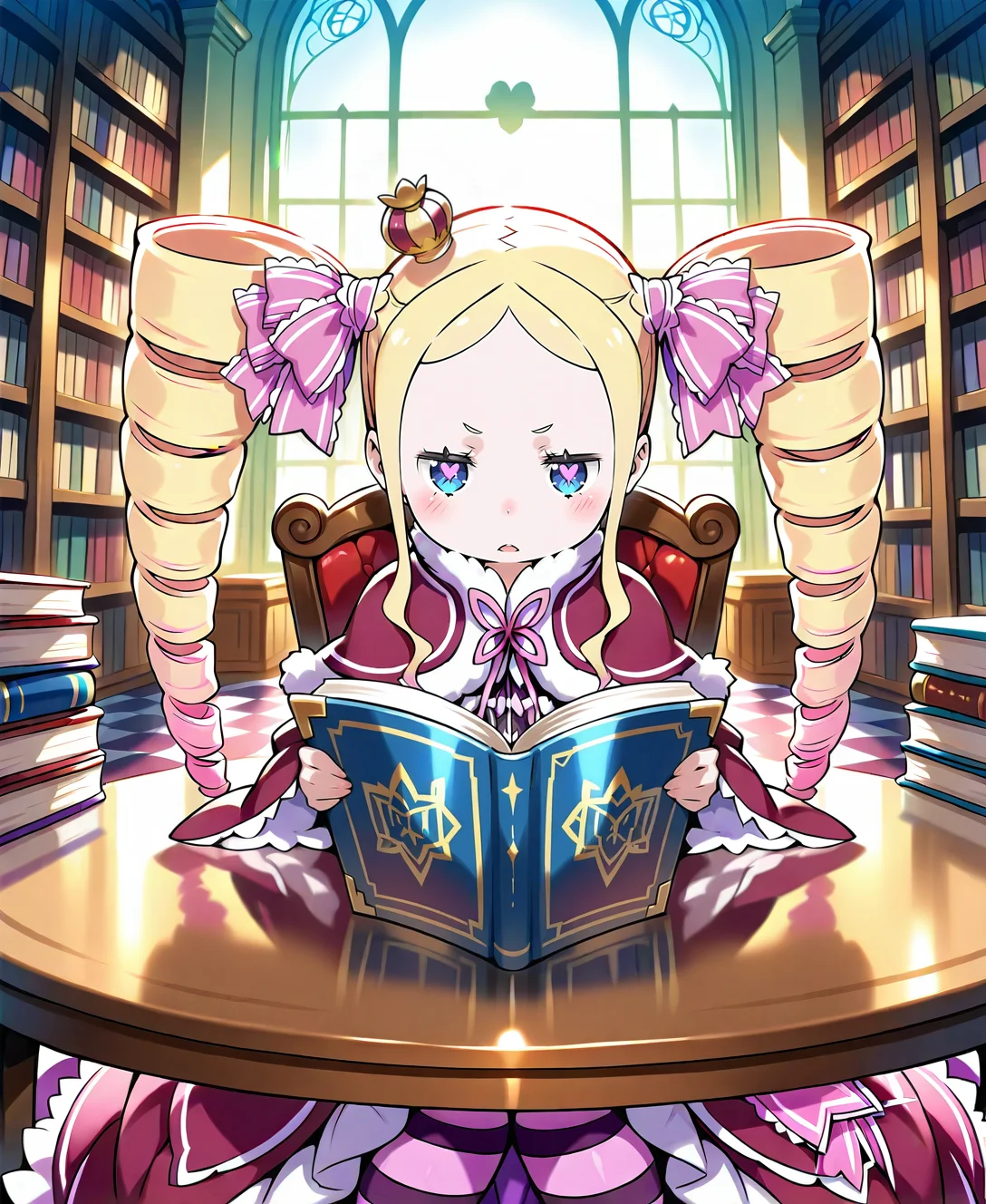 beatrice_re_zero, girl, long_hair, blush, blue_eyes, blonde_hair, dress, holding, ribbon, sitting, twintails, hair_ribbon, sidelocks, indoors, symbol-shaped_pupils, fur_trim, book, window, capelet, frown, chair, drill_hair, table, crown, twin_drills, :<, holding_book, pink_ribbon, reflection, open_book, bookshelf, reading, mini_crown, checkered_floor, library, <lora:se_beatrice_re_zero:1>