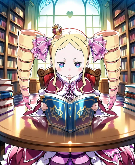 beatrice_re_zero, girl, long_hair, blush, blue_eyes, blonde_hair, dress, holding, ribbon, sitting, twintails, hair_ribbon, sidelocks, indoors, symbol-shaped_pupils, fur_trim, book, window, capelet, frown, chair, drill_hair, table, crown, twin_drills, :<, holding_book, pink_ribbon, reflection, open_book, bookshelf, reading, mini_crown, checkered_floor, library, <lora:se_beatrice_re_zero:1>