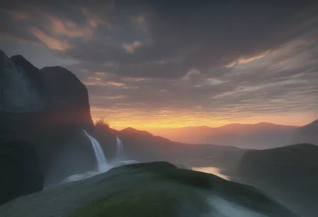 masterpiece, best quality, <lora:left4dead2-Style-illus_Fp:1>, 3d, cloudy sky, waterfall, landscape, mountain, sunset,