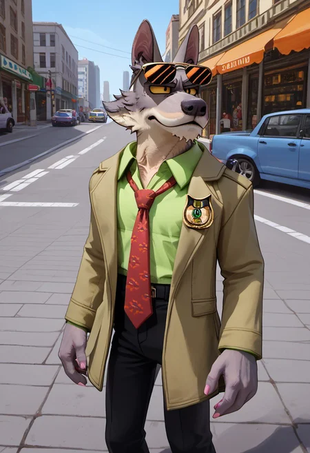 score_9_up, score_8_up, score_7_up, masterpiece, best quality, amazing quality, very aesthetic, absurdres, newest, high quality, detailed, male, solo male, DaleDonovan, 1boy, mature male, male, anthro, wolf, broad shoulders, scruffy, gray fur, light tan underbelly, black eyes, yellow sclera, thick eyebrows, animal ears, green collared shirt, red tie, tan jacket, detective, sunglasses on forehead, black pants, half body, outdoors, looking at viewer, on the street, city, on sidewalk, gun in hand, focused, stern face