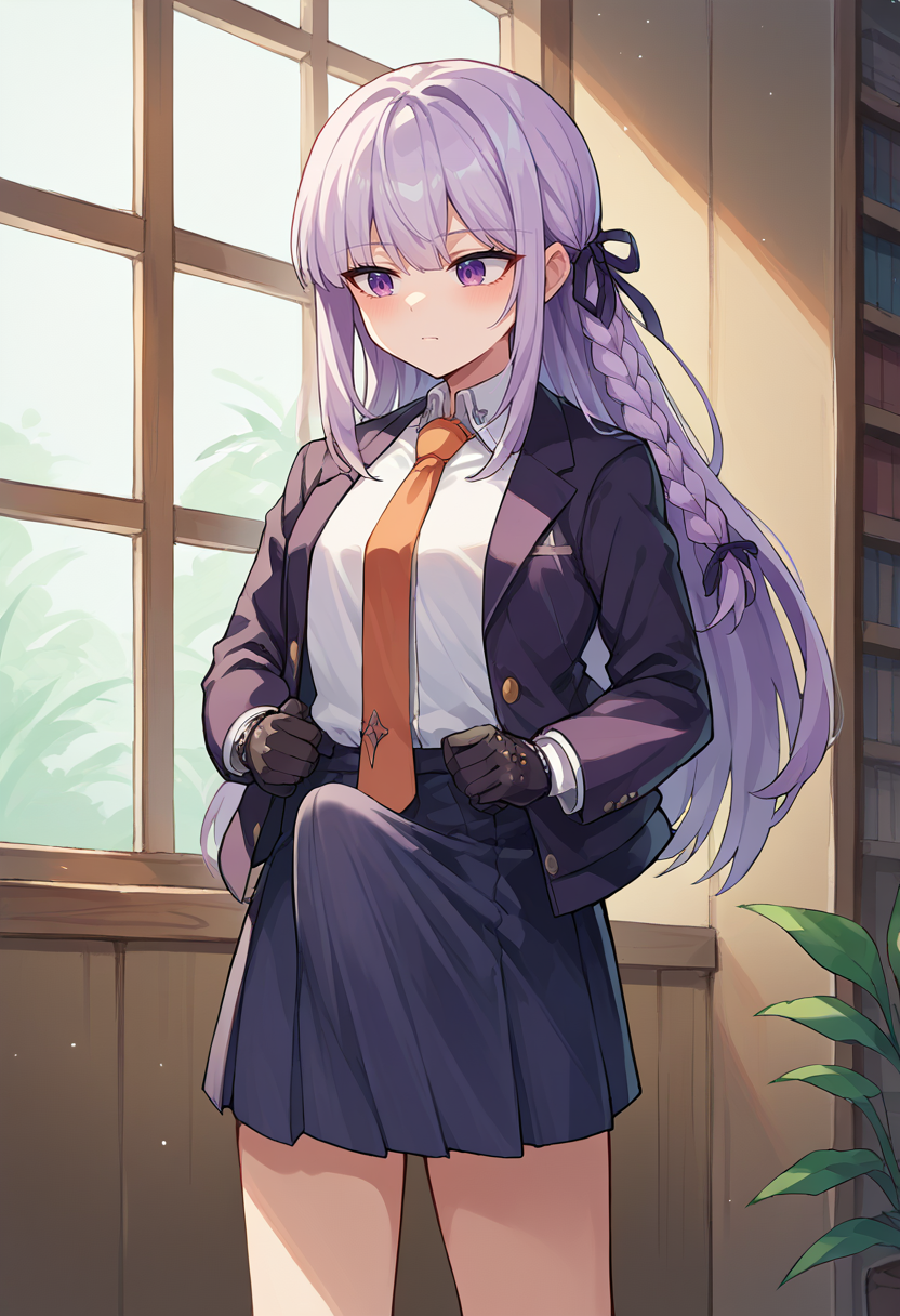 score_9, score_8_up, score_7_up, source_anime,   <lora:Erection Under Clothes-000012:1> erection under clothes, 1girl,  <lora:danganronpathh_kirigiri_ponyXL:1> kirigiridef, braid, hair ribbon, jacket, open jacket, long sleeves, white shirt, necktie, skirt, black gloves, indoors,
