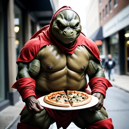 <lora:person_XL_chonkasaurus:0.5> photograph of (chonkasaurus:1), dressed as a (red leonardo teenage mutant ninja turtule:1.25) eating pizza