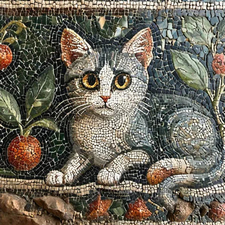 cinematic photo mosaic of a The cat is hunting for the mouse <lora:Roman_Mosaic:1.0>, 35mm photograph, film, bokeh, professional, 8k, highly detailed
