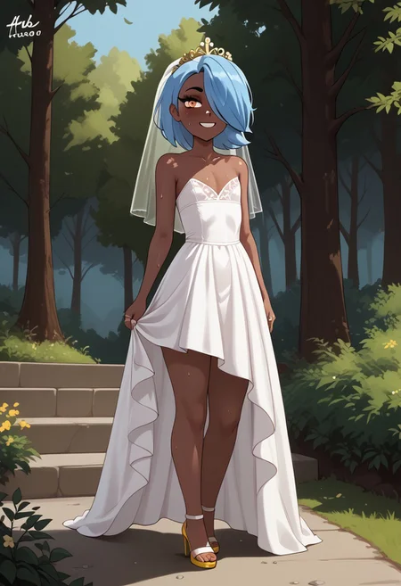 score_7_up, 1girl, erin_cc, dark complexion, one amber eye, one light blue eye, medium length blue hair, hair covering left eye, Full body, barefoot, standing, perfect hands, 5 fingers, perfect barefoot 5 toes, perfect small flat chest natural breasts;
Wedding dress, Wedding veil, Golden tiara, Wedding ring, Golden high heels sandals,
sensual, curvy, standing, in the woods, outdoors, nature, hike, sweat, looking at viewer, feminine, artistic effects, smiling,