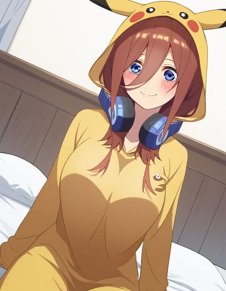 score_9, score_8_up, score_7_up, source_anime, mikunakano, <lora:miku-nakano-s2-ponyxl-lora-nochekaiser:1>, miku nakano, long hair, bangs, blue eyes, brown hair, hair between eyes, headphones, headphones around neck, large breasts,, <lora:pikachu-cosplay-ponyxl-lora-nochekaiser:1>, pikachucosplay, pikachu \(pikachu\), character print, hood, hoodie, yellow hoodie,, bed, bed room, smile, blush, wariza, sitting,, cowboy shot, dutch angle, solo,
