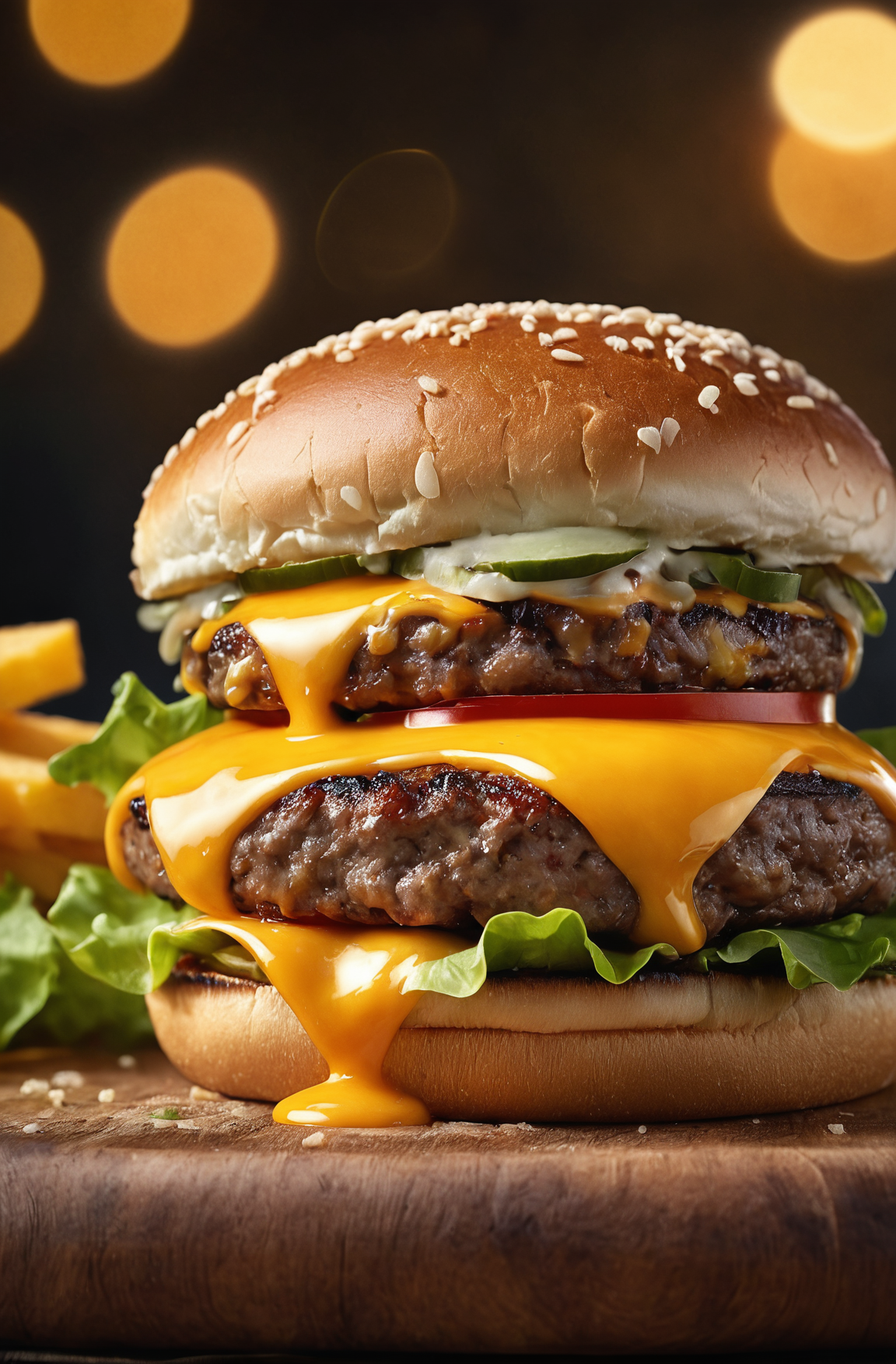 Photo of a burger with cheese from food photograph, food photography, photorealistic, ultra realistic, maximum detail, foreground focus, recipes.com, epicurious, instagram, 8k, volumetric light, cinematic, octane render, uplight, no blur, depth of field, dof, bokeh