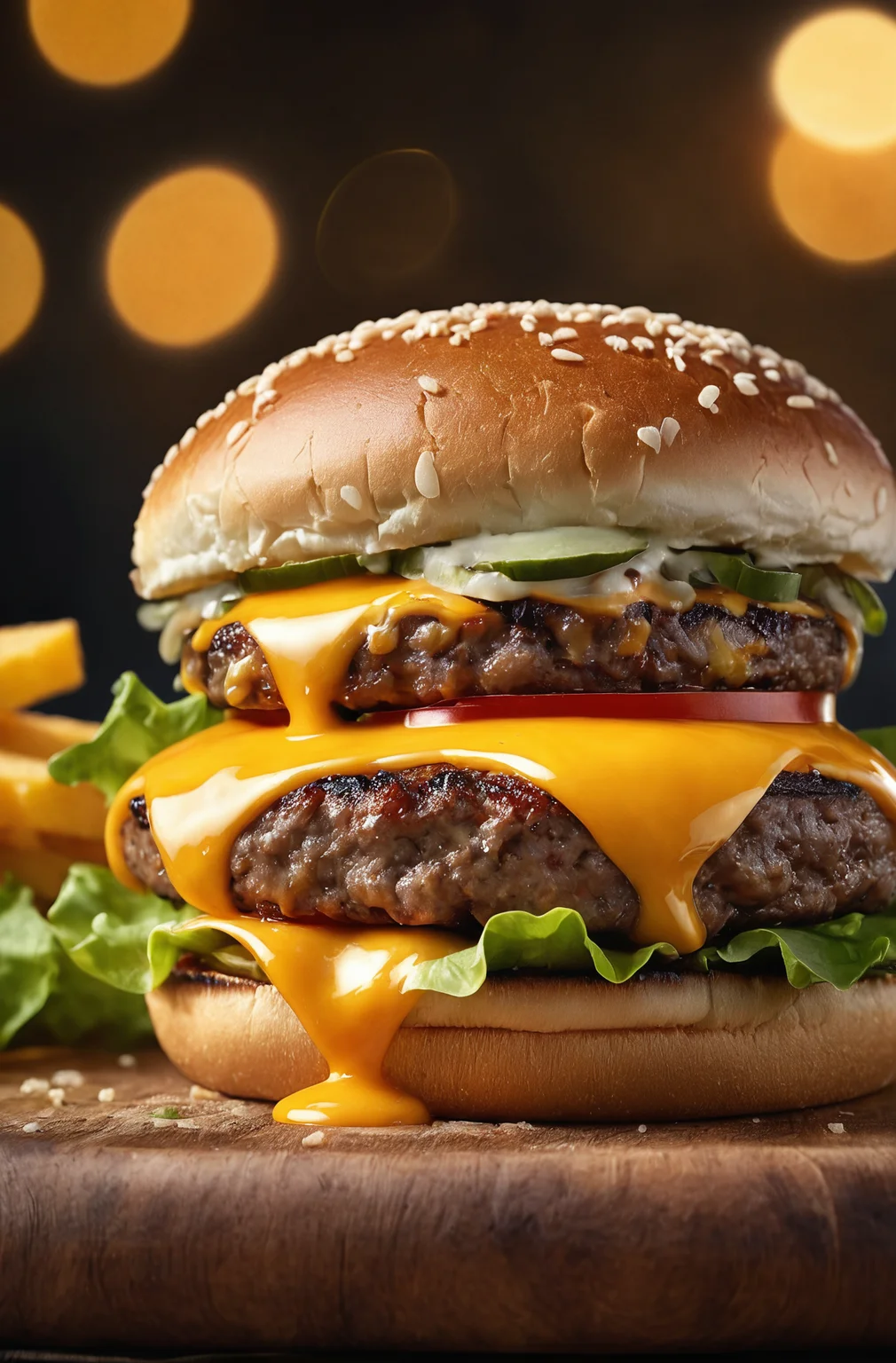 Photo of a burger with cheese from food photograph, food photography, photorealistic, ultra realistic, maximum detail, foreground focus, recipes.com, epicurious, instagram, 8k, volumetric light, cinematic, octane render, uplight, no blur, depth of field, dof, bokeh