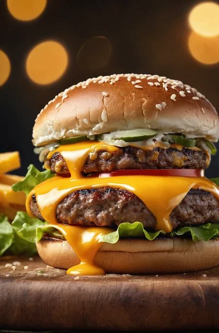 Photo of a burger with cheese from food photograph, food photography, photorealistic, ultra realistic, maximum detail, foreground focus, recipes.com, epicurious, instagram, 8k, volumetric light, cinematic, octane render, uplight, no blur, depth of field, dof, bokeh