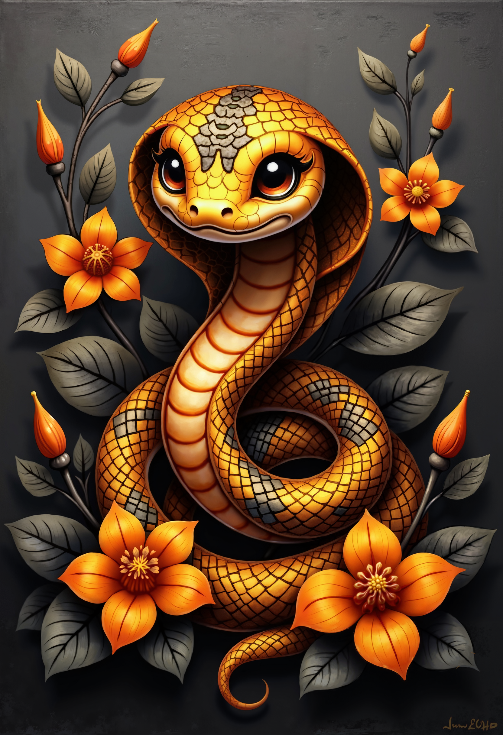 bo-snake, a oil paint on canvas of a world of mystical anime snake, dark fantasy, a highly detailed digital artwork depicting a snake coiled around itself, the snake has a striking orange and black coloration with a textured, snake-like pattern that resembles scales, its head is the focal point, with large, expressive brown eyes and a slight smile, giving it a friendly and curious expression, the background is a gradient of dark grey to black, creating a stark contrast with the vibrant colors of the snake and flowers, the flowers are in full bloom, with bright orange petals and yellow centers, adding a pop of color and life to the scene, the leaves surrounding the snake are dark and detailed, with a realistic texture, enhancing the realism of the artwork, the overall composition is symmetrical, with the snake occupying the center of the frame, surrounded by the flowers and leaves, the artwork is highly polished, with meticulous attention to detail, making it a captivating and immersive piece of art<lora:boFLUX Year of the Snake.safetensors:1.0:1.0>
