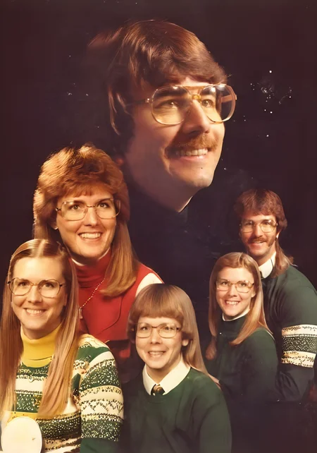 an awkward family photo, double exposure effect, a80psdxl, dark background, <lora:a80psdxl:1>, cheesy smiles, nerdy family