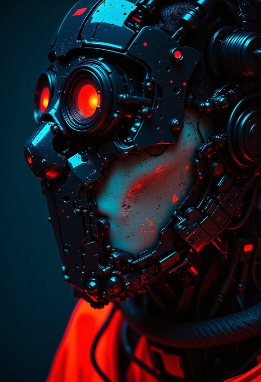 cpstyle, dystujo, The close-up reveals the terrifying face of a cyborg ninja, an intricate fusion of organic beauty and cold, mechanical perfection. Her face is framed by a sleek, polished helmet that partially covers her features, leaving only the lower half exposed. Her left cheek and jawline are adorned with sharp, angular plates, seamlessly molded to her skin, their surface gleaming with a dark metallic sheen. Intricate circuit patterns snake down her neck, glowing faintly with pulses of electric energy that flicker like veins of lightning beneath the surface. The right side of her face is a chilling display of cybernetic mastery, where human flesh gives way to gleaming, polished steel and chrome. Her eye is encased in a dark, reflective visor, surrounded by a framework of sleek, geometric metal. 