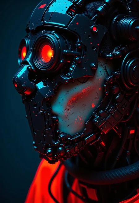 cpstyle, dystujo, The close-up reveals the terrifying face of a cyborg ninja, an intricate fusion of organic beauty and cold, mechanical perfection. Her face is framed by a sleek, polished helmet that partially covers her features, leaving only the lower half exposed. Her left cheek and jawline are adorned with sharp, angular plates, seamlessly molded to her skin, their surface gleaming with a dark metallic sheen. Intricate circuit patterns snake down her neck, glowing faintly with pulses of electric energy that flicker like veins of lightning beneath the surface. The right side of her face is a chilling display of cybernetic mastery, where human flesh gives way to gleaming, polished steel and chrome. Her eye is encased in a dark, reflective visor, surrounded by a framework of sleek, geometric metal. 