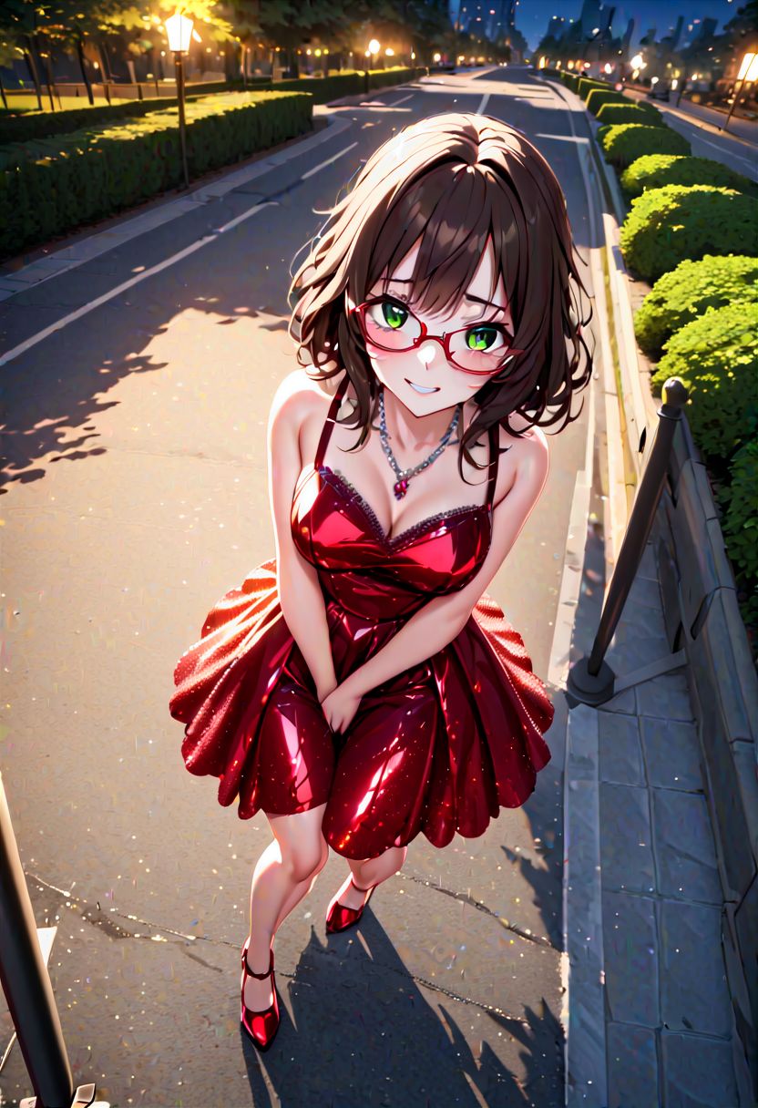 masterpiece, best quality, Ray tracing, hdr, volumetric lighting, highres, detailed background, night, dark, 1girl, solo, scenery, outdoors, city park, pixiv, (very dark brown messy hair:1.4), green eyes, messy hair, updo, hair bangs, (glasses:1.6), zettai ryouiki, medium breasts, short ruby red crystalline dress, heels, necklace, walking down street, talking to viewer, hand in crotch, nervous smile, looking away