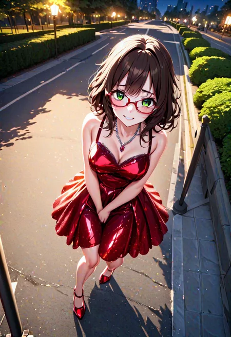 masterpiece, best quality, Ray tracing, hdr, volumetric lighting, highres, detailed background, night, dark, 1girl, solo, scenery, outdoors, city park, pixiv, (very dark brown messy hair:1.4), green eyes, messy hair, updo, hair bangs, (glasses:1.6), zettai ryouiki, medium breasts, short ruby red crystalline dress, heels, necklace, walking down street, talking to viewer, hand in crotch, nervous smile, looking away
