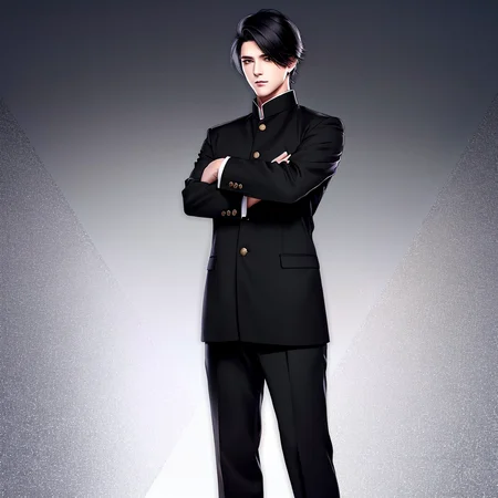 <lora:BIW:0.6>, FH, Masterpiece, best quality, sharp, contrast, realistic drawing, tall black haired man, short hair,

 <lora:Gakuran:0.75>, Gakuran, a man in a black gakuran and pants standing with his arms crossed , man wearing the gakuran, golden buttons