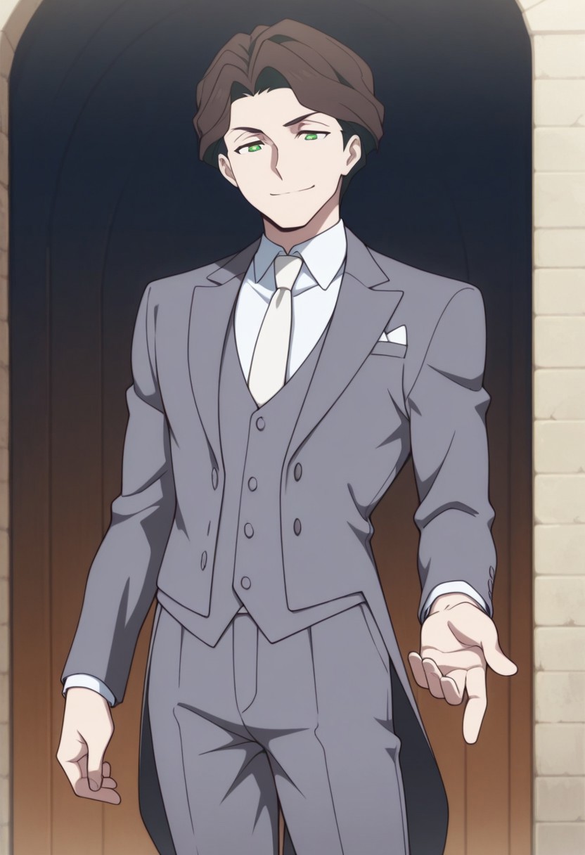 masterpiece,best quality,amazing quality, source_anime, 
AndrewHanbridge, 1boy, male focus, solo, green eyes, brown hair, shirt, white shirt, collared shirt, necktie,  white necktie, vest, grey vest, jacket, grey jacket, tailcoat, pants grey pants, smile,
indoor,
