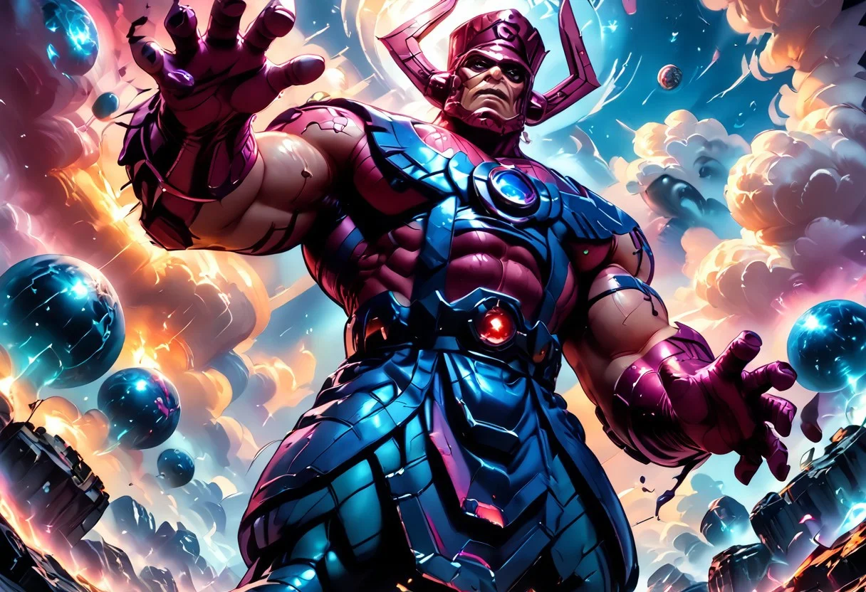 score_9, score_8_up, score_8, score_7_up, score_7, rating_safe, 1man, size difference, super scale, in the heavens, sky being, gigantic, colossal, huge, enormous, dwarfing the earth. above the clouds, celestial being,
An anime-style, comic-inspired illustration capturing the head of Galactus looming ominously in the sky above a sprawling modern city skyline at dusk. Towering skyscrapers are dwarfed by his colossal presence, with swirling clouds and a dark, brooding color palette emphasizing the sheer scale and power of this cosmic entity. The mood is foreboding and filled with dread, as the citizens below witness Galactus’s massive, otherworldly form dominating the horizon in dramatic detail