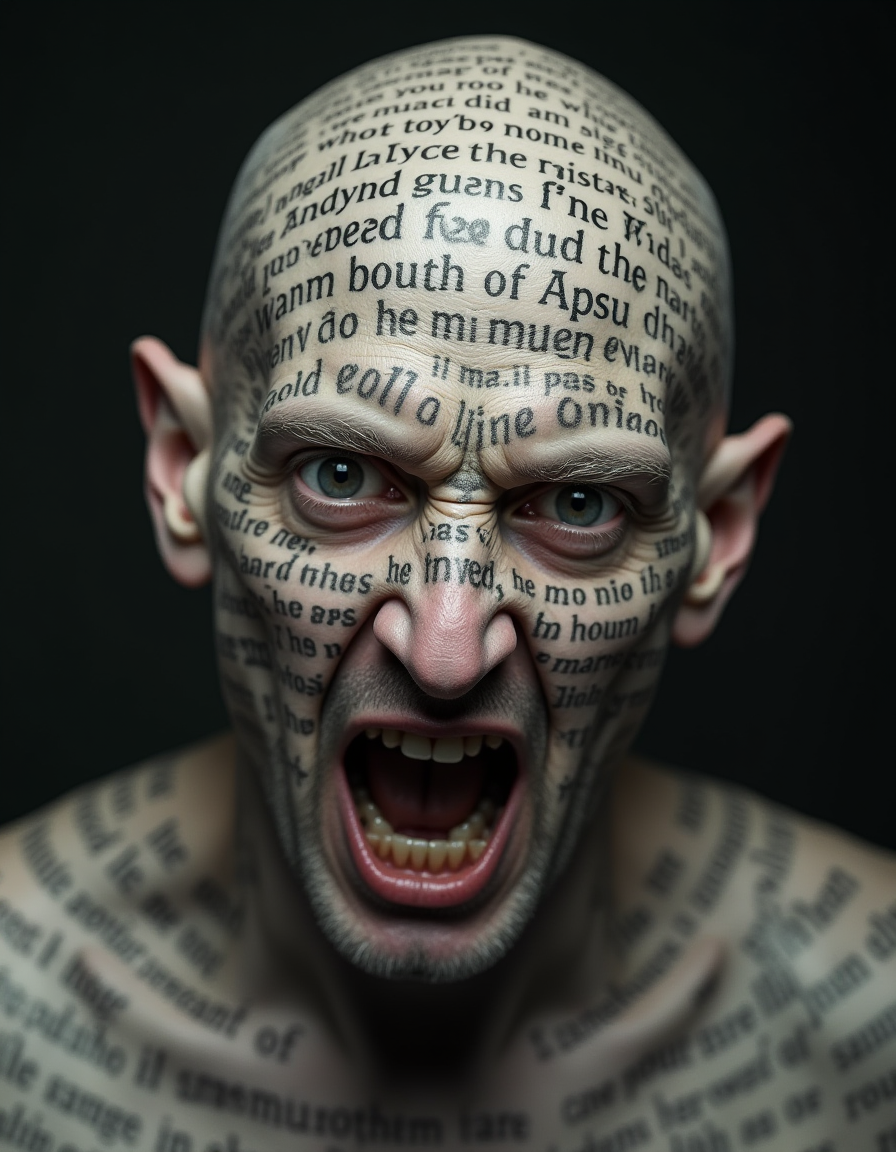 A close-up portrait of a 40-year-old bald man with pale skin and an intense, crazed expression. His entire face, neck, and bald scalp are covered in intricate tattooed texts of biblical scripture. The tattoos are detailed and wrap around his features, creating a striking contrast against his pale skin. The man's wide eyes and unhinged gaze add to the unsettling atmosphere, while the carefully inscribed verses give a haunting, almost surreal, impression of religious obsession.