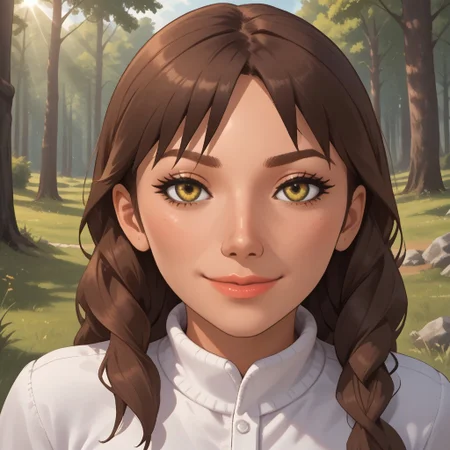 score_9, score_8, BREAK, solo, wii, mii, wii music, female mii, 1girl, brown hair, brown eyebrows, dark yellow eyes, lips, dark skin, white clothing, white pants, shoes, nintendo mii, modern_mii, classic_mii, breasts, Donna_(Wii_Music), sexy pose, smile, outdoors, sunlight, shadows, evening lighting, natural lighting, forest, trees, grass, orange sky, sunset