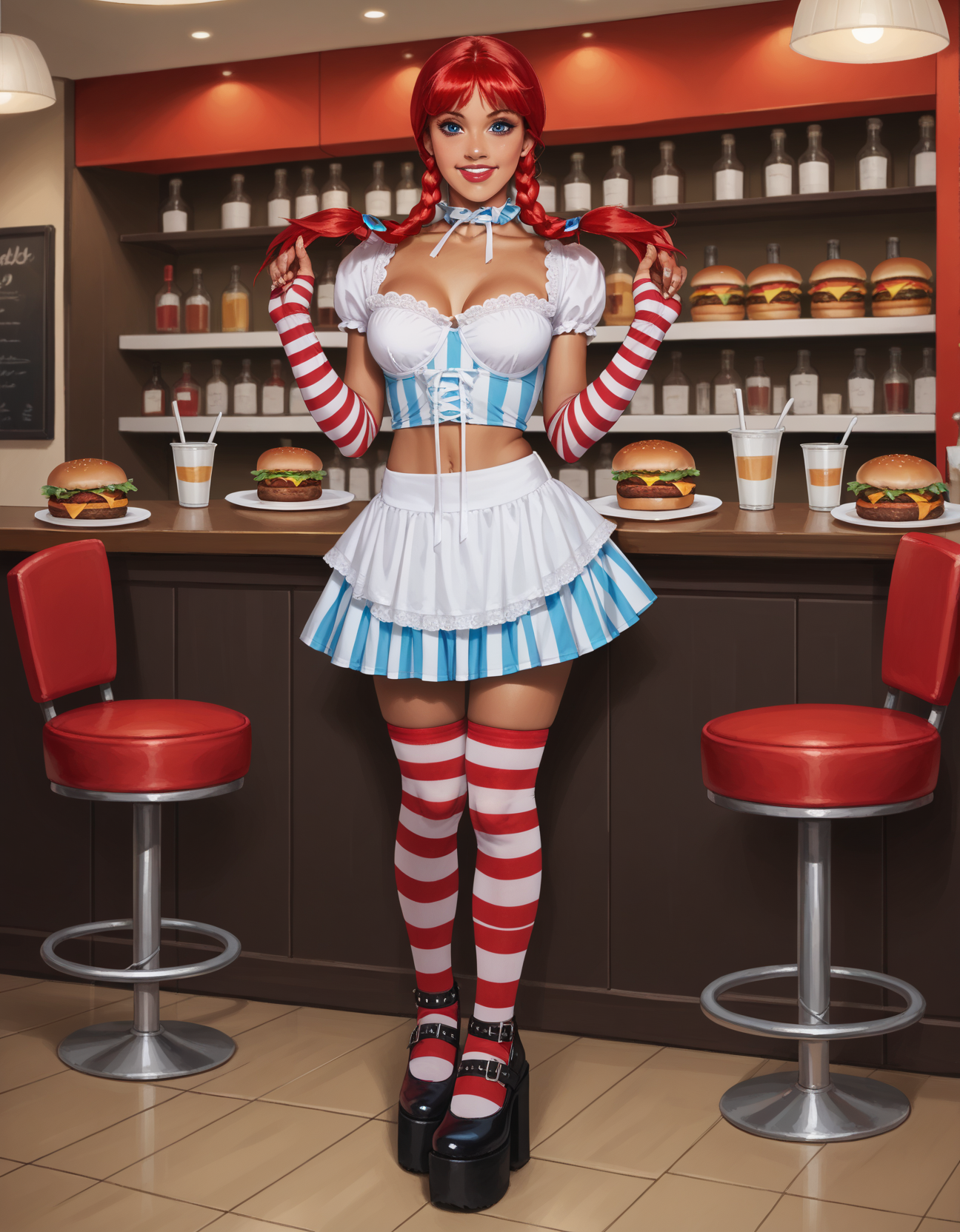 score_9, score_8_up, score_7_up, score_6_up, score_5_up, score_4_up, 1girl, makeup, lipstick, large breasts, red hair, blue eyes, twin braids, hud_brgrb4be, choker, striped, crop top, midriff, skirt, fingerless elbow gloves,<lora:hud_brgrb4be_XLP:0.8>, restaurant,  burger, looking at viewer, smile, thighhighs, high heels, platform footwear