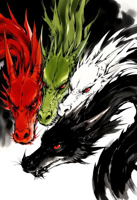 An image in style of ink wash painting, featuring an extreme close-up of four Western-style dragons, each with distinct colors: red, green, white, and black. Only their heads and part of their necks are visible, with the rest of their bodies hidden in darkness. The four dragons are in close proximity, their heads tangled and interwoven, coming from different directions and angles, including facing viewer and extending neck from side, all intensely gazing at the viewer. The scene is filled with intricate detail, emphasizing their sharp features, glowing red eyes, and the texture of their scales. The lighting is minimal, with the dragons' eyes glowing brightly in contrast against the pitch-black background. The composition focuses on their heads, making the visible parts dominate the frame, creating a dramatic, tense atmosphere. The dark environment adds to the sense of mystery and danger. <lora:Shuimozhuangshi_Ink_wash_painting_style_v2.7:1>