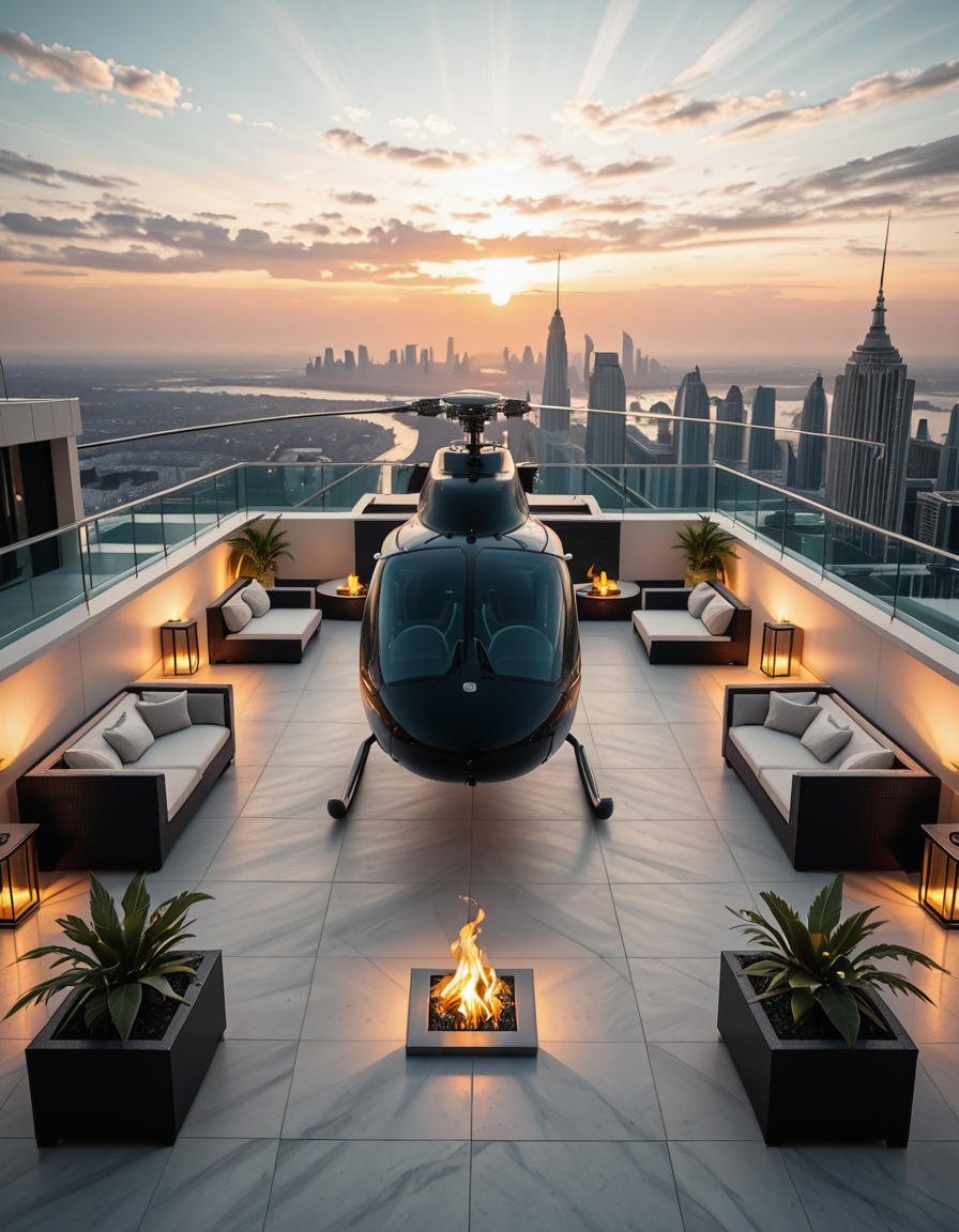 A high-resolution photo of a luxurious rooftop of a five-star hotel at sunset, featuring a sleek helipad with a high-end, matte-black private helicopter elegantly parked. The rooftop is designed with ultra-modern architecture, featuring a spacious terrace with infinity-edge glass railings, ambient lighting, and a panoramic city skyline in the background. The surface of the helipad is clean, polished concrete with clear illuminated markings. Surrounding the helipad, there are lounge areas with modern outdoor furniture, minimalist fire pits, and decorative planters with tropical greenery. The lighting is warm and golden, casting soft shadows and highlighting the contours of the helicopter and the textures of the rooftop. The sky is dramatic, painted with hues of orange, pink, and violet, creating a cinematic atmosphere of luxury and exclusivity. The overall mood is elite, calm, and aspirational, showcasing the ultimate in urban luxury lifestyle.
<lora:SDXLFaeTastic2400:0.4> <lora:extremely_detailed:0.4> extremely detailed,helipad r00ft0p <lora:helipad_r00ft0p-i:1>, Masterpiece,best quality,hi res,8k,hi res,8k,award winning,(sharp focus, intricate, highly detailed),