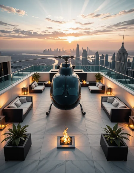 A high-resolution photo of a luxurious rooftop of a five-star hotel at sunset, featuring a sleek helipad with a high-end, matte-black private helicopter elegantly parked. The rooftop is designed with ultra-modern architecture, featuring a spacious terrace with infinity-edge glass railings, ambient lighting, and a panoramic city skyline in the background. The surface of the helipad is clean, polished concrete with clear illuminated markings. Surrounding the helipad, there are lounge areas with modern outdoor furniture, minimalist fire pits, and decorative planters with tropical greenery. The lighting is warm and golden, casting soft shadows and highlighting the contours of the helicopter and the textures of the rooftop. The sky is dramatic, painted with hues of orange, pink, and violet, creating a cinematic atmosphere of luxury and exclusivity. The overall mood is elite, calm, and aspirational, showcasing the ultimate in urban luxury lifestyle.
<lora:SDXLFaeTastic2400:0.4> <lora:extremely_detailed:0.4> extremely detailed,helipad r00ft0p <lora:helipad_r00ft0p-i:1>, Masterpiece,best quality,hi res,8k,hi res,8k,award winning,(sharp focus, intricate, highly detailed),