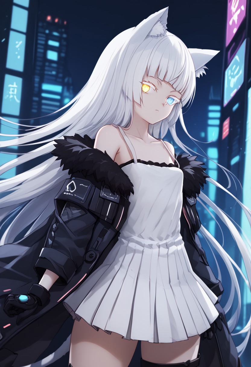 1girl, solo, highres, Nekoya_AWP, colored eyelashes, blue eyes, very long hair, bangs, white hair, heterochromia, yellow eyes, cat ears, animal ear fluff, cat tail, white dress, bare shoulders, strap slip, pleated dress, collarbone, black gloves, gloves, jacket, fur-trimmed jacket, off shoulder, black jacket,  cyberpunk, science fiction, neon light, looking at viewer, cowboy shot, close-up, staring