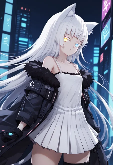 1girl, solo, highres, Nekoya_AWP, colored eyelashes, blue eyes, very long hair, bangs, white hair, heterochromia, yellow eyes, cat ears, animal ear fluff, cat tail, white dress, bare shoulders, strap slip, pleated dress, collarbone, black gloves, gloves, jacket, fur-trimmed jacket, off shoulder, black jacket, cyberpunk, science fiction, neon light, looking at viewer, cowboy shot, close-up, staring