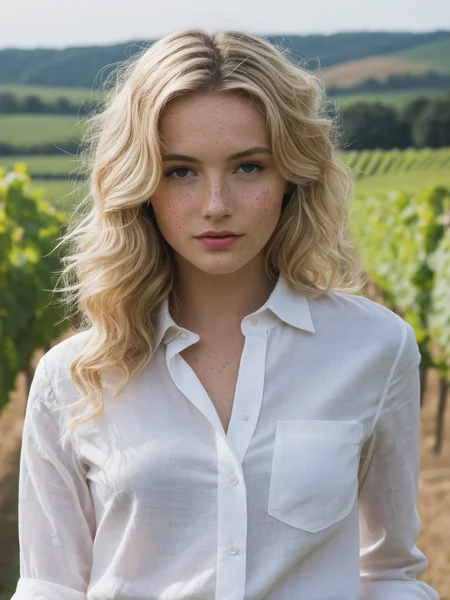 score_9, score_8_up, score_8, 1girl, blonde hair, with freckles, skinny body, small, beautiful model, 25 years old woman, wavy blonde hair, barrettes, beautiful blouse, in a linen pants and white sexy shirt, tailor clothes, hair clip, innocent, school, tight, in front of the vineyard, close-up portrait, high contrast, pink tones, canon 5D Mark IV, studio photography <lora:SdXL_better freckles_epoch_16:0.8> <lora:XDetail_heavy:1>