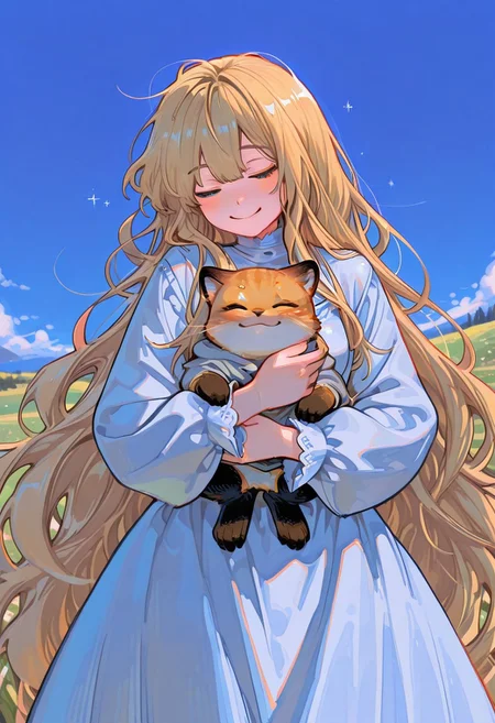 1 girl , extremely long hair , beautiful , closed eye , cute , happy , blue sky , bright , cheerful ,medieval ,
masterpiece, best quality ,amazing quality ,n0riuma_illu , n3k0 ,momosp ,