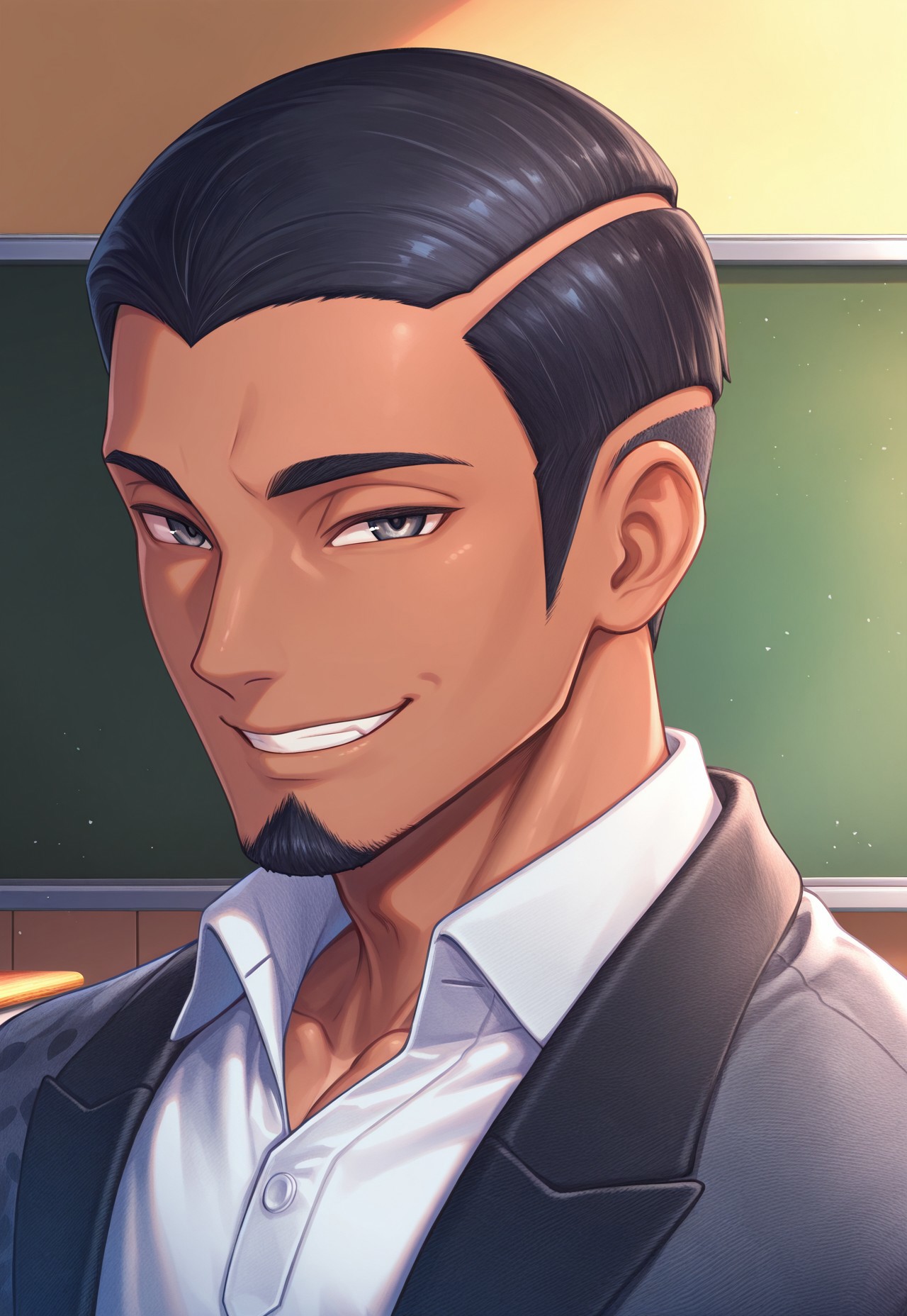 solo, masterpiece, detailed, ultra hd, best quality, 1boy, male, official art, w0lfc0nf, modern, new, masculine face, daddy looking face

PokeSalvatore, black hair, dark skin, facial hair, jacket, white shirt, portrait, headshot, looking at viewer, smiling, classroom, anime