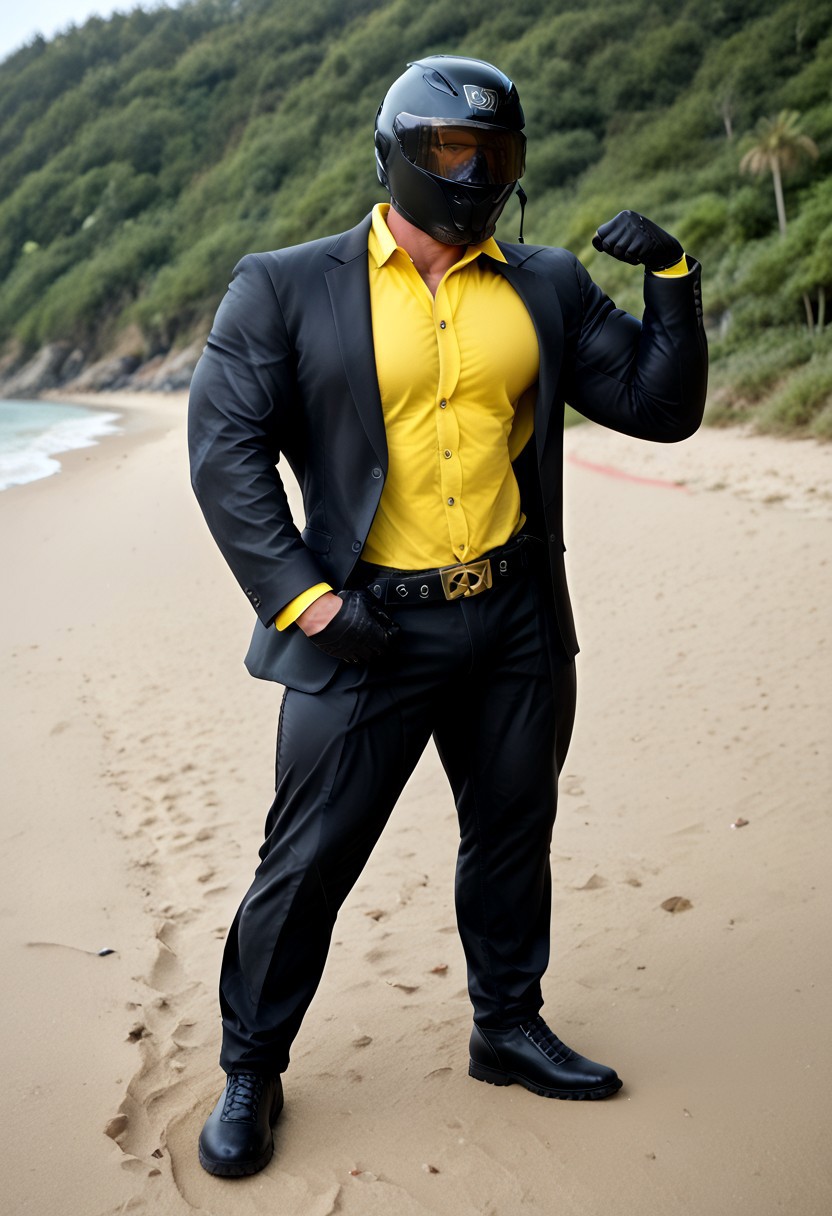 score_9, score_8_up, score_7_up, photo, photorealistic, rating_explicit, (solo:1.1), 1boy, black helmet with tinted visor, muscular male, masculine male, black glossy leather blazer suit, yellow glossy spandex shirt, formal, glossy pants, belt, skintight, black rubber gloves, black rubber boots, abs, nipples, pecs, flexing, proud, sweaty, outdoors beach, five digits