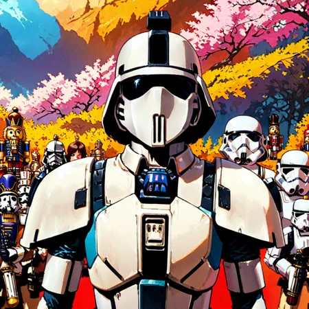 stormtrooper, star wars, retanime, Mike Deodato, midjourneyv6.1, nutcracker, hyper-detail, hyper-realism, cinematic, intricate detail, detailed background, masterpiece, best quality, high quality, highres, absurdres, very detailed, high resolution, sharp, sharp image, aesthetic, Score_9, score_8_up, score_7_up, score_6, source_anime, vibrant, colorful, retro_artstyle, 1990s_(style), an imperial stormtrooper with armor similar to a nutcracker