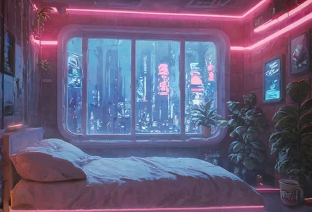 score_9,score_8_up,score_7_up,score_6_up,
steaming coffee cup on windowsill, plants on the windowsill, wall of plants, monstera plant, large plant, tidy bedrrom, small room, cramped bedroom, teddies on the bed, cyberpunk city view out of the window, neon light, purple neon lights,