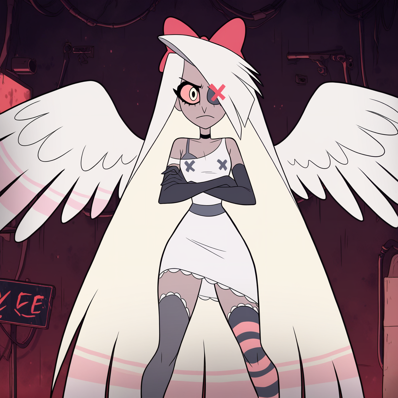masterpiece,best quality,newest,absurdres,highres,very awa, Vaggie, 1girl, grey skin, long hair, white hair, hair bow, one X-shaped eye patch, hair over one eye, colored sclera, solo, small breasts, standing, elbow gloves, colored skin, asymmetrycal thighhighs, grey waistband, one exposed shoulder, white dress, grey bra, choker, one striped thighhigh, official style, cartoon, parody, hell street, looking at viewer, :(, big angel wings, crossed arms