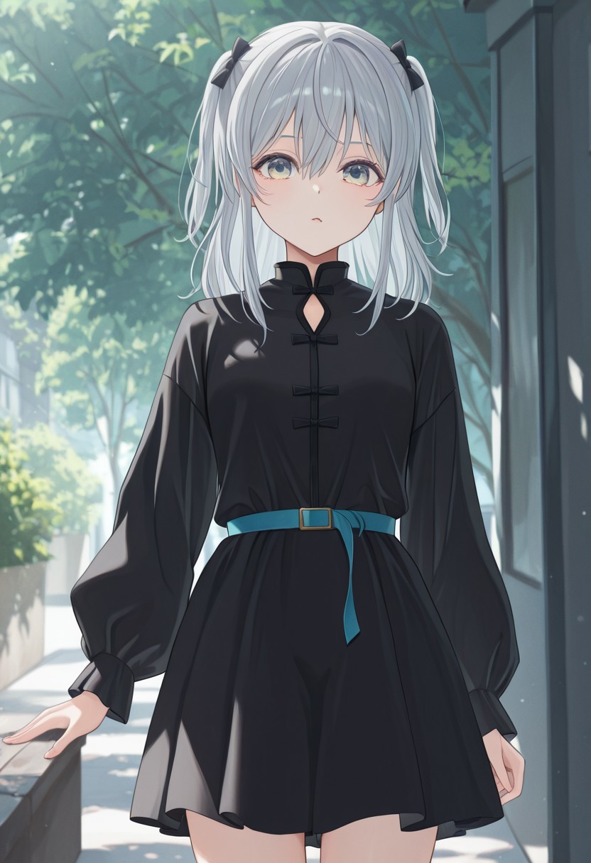 1girl,Nekomugi_Tororo,black bow ,grey hair ,twintails hair between eyes,blue eyes,looking at viewer,cowboy shot,black dress,
masterpiece, best quality, highres, absurdres, day,
