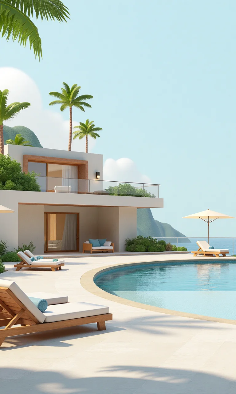 A 3D illustration scene: a Spanish-style beachfront villa 