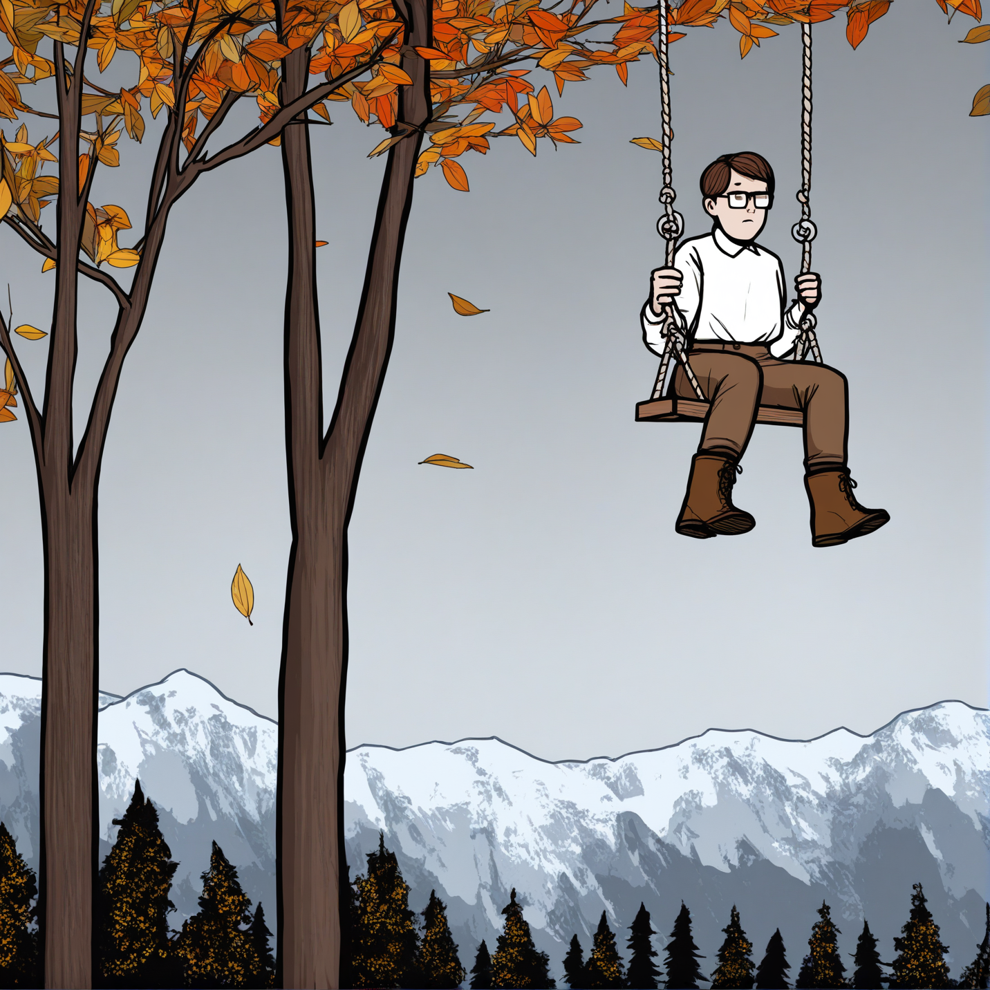 1boy,outdoors,leaf,glasses,tree,sitting,swing,brown hair,solo,mountain,autumn leaves,brown pants,boots,mountainous horizon,shirt,pants,sky,swinging,white shirt,brown footwear,grey sky,short hair,branch,rope,day,
<lora:RUSTYLAKE-noob10-v1-000045>,masterpiece,best quality,amazing quality,very aesthetic,highres,absurdres,