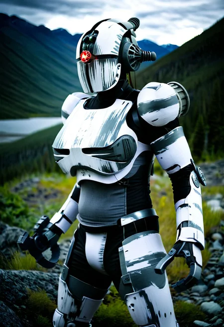 easynegative, extremely detailed, dark, chiaroscuro, low-key, AssaultronCosplay, zavy-strps, a white assaultron robot, ((the assaultron has grey stripes painted on its armor)), ((tiger stripe pattern)), in the mountains of Alaska