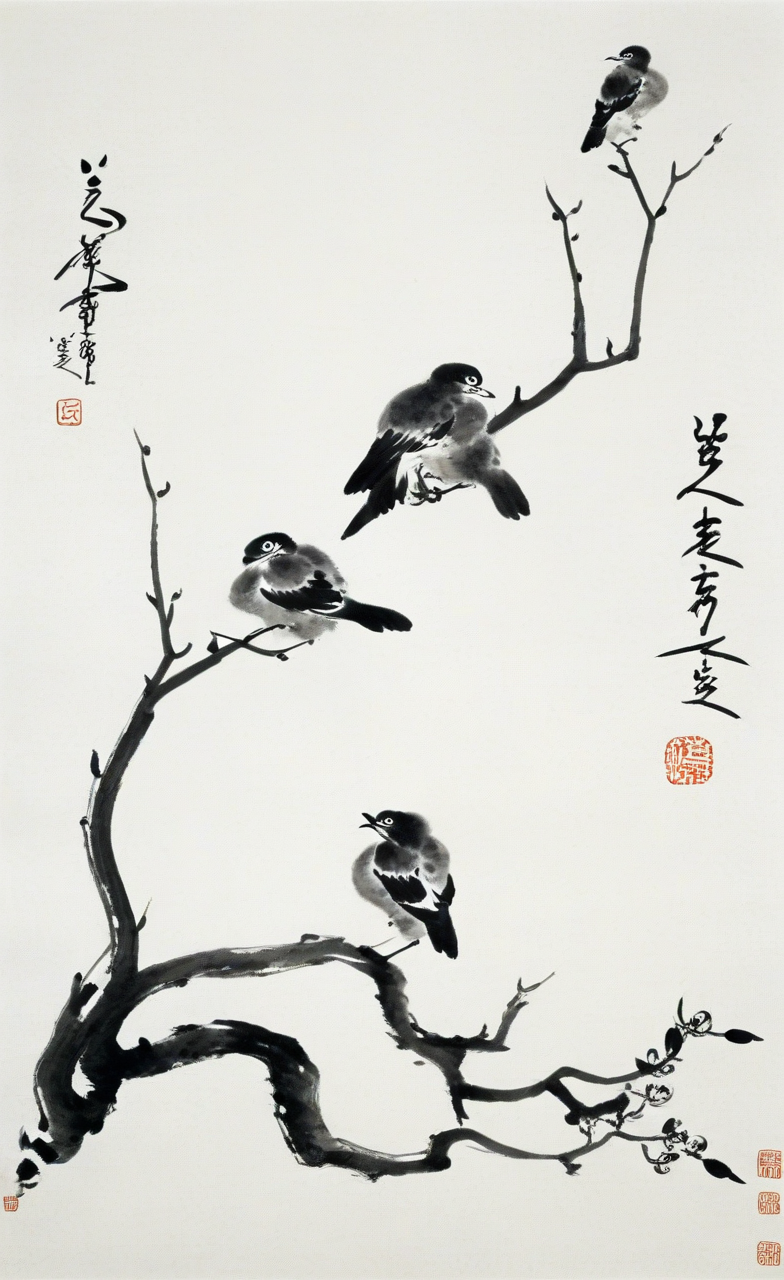 <lora:å«å¤§å±±äººç»é£-000009:0.8>,no humans,branch,two birds,chinese text,tree,animal focus,animal,monochrome,traditional media,the art of chinese calligraphy,orchid,brush strokes,traditional art,white background,asian culture,artistic seal,minimalistic,black and white,calligraphy,flora,paper texture,vertical composition,Chinese text,ink wash painting,traditional chinese painting,