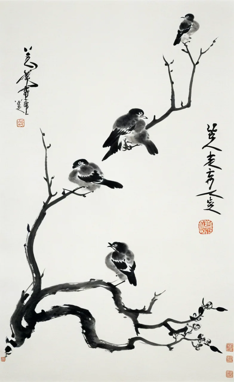 <lora:å
«å¤§å±±äººç»é£-000009:0.8>,no humans,branch,two birds,chinese text,tree,animal focus,animal,monochrome,traditional media,the art of chinese calligraphy,orchid,brush strokes,traditional art,white background,asian culture,artistic seal,minimalistic,black and white,calligraphy,flora,paper texture,vertical composition,Chinese text,ink wash painting,traditional chinese painting,