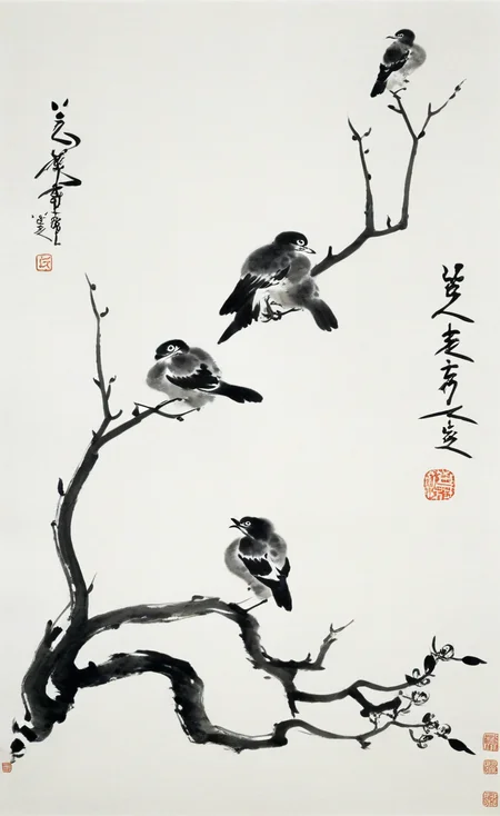 <lora:å
«å¤§å±±äººç»é£-000009:0.8>,no humans,branch,two birds,chinese text,tree,animal focus,animal,monochrome,traditional media,the art of chinese calligraphy,orchid,brush strokes,traditional art,white background,asian culture,artistic seal,minimalistic,black and white,calligraphy,flora,paper texture,vertical composition,Chinese text,ink wash painting,traditional chinese painting,